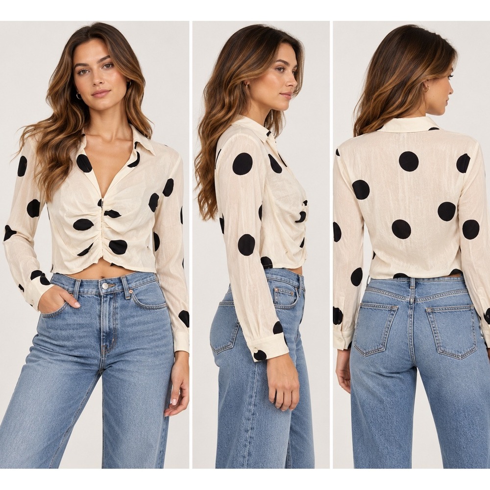 H&M Women Polka Dot Ruched Front Cropped Blouse Cream Black XS Long Sleeve